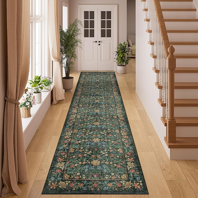 DUKINO 2x8 Runner Rug, Washable Vintage Floral Kitchen Rug, Green | Non Slip, Low Pile, Non-Shedding, Stain Resistant Aesthetic Soft Carpet Runner for Hallway Bathroom Laundry Bedroom Entryway
