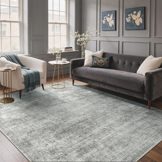BESBLEE 6X9 Area Rugs Machine Washable Rugs for Living Room, Vintage Boho Large Rugs for Bedroom Dining Room, Non Slip Indoor Soft Distressed Lightweight Thin Low Pile Carpet, Light Grey