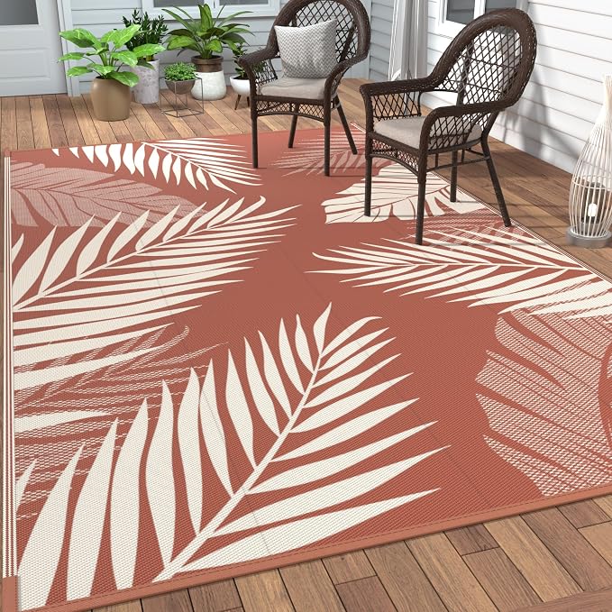 GENIMO Outdoor Rug, Waterproof Plastic Rugs for Patio, 9'x12' Brick Red | Outside Larger Leaf Carpet Mat for Porch Decor, Deck, Balcony, Camping, RV, Backyard, Picnic, Beach, Reversible, Foldable