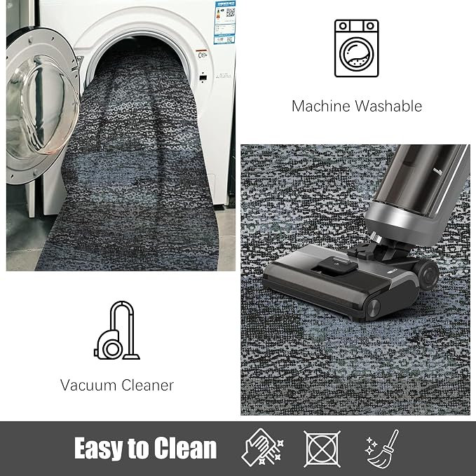 RUGSURE Washable Area Rug - 1/6 Thick - Stain & Water Resistant Non-Slip - Resistant Rug for Living Room, Bedroom, Nursery, Pet & Child Friendly, Vintage Charm Area Rugs (Darkgrey+Bule, 6' x 9')