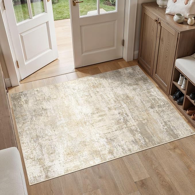 cotiled 3x5 Washable Rug Abstract Soft Non Slip Entryway Rugs | Stain Resistant, Robot Vacuum & Pet Friendly, Low-pile, For Living Room, Bedroom, Dining Table, Nursery Beige