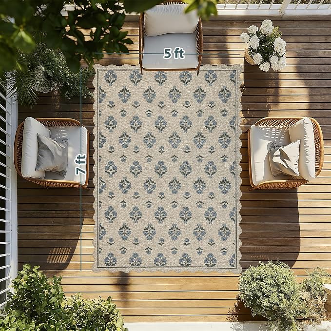 ORTIGIA Scalloped Easy Jute 5x7 Area Rug Vintage Blue Block Floral Farmhouse Washable Rug Non-Slip Indoor Outdoor Carpet for Living Room Bedroom Patio Entryway