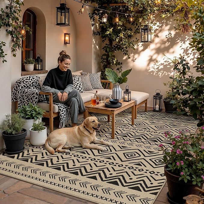PureCozy 5x7 Easy Jute Outdoor Rug Black Boho Indoor Outdoor Area Rug Farmhouse Patio Carpet for Backyard, Patio, Porch, Living Room， Easy-Cleaning, High Traffic, Pet-Friendly, Non-Shedding