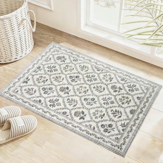 Bluish Green Floral Area Rug for Entryway Rug 2x3 Washable Small Mat Low Pile Non Slip Entry Soft Farmhouse Indoor Entrance Door Mat for Kitchen Bedroom Home Office Blue and White