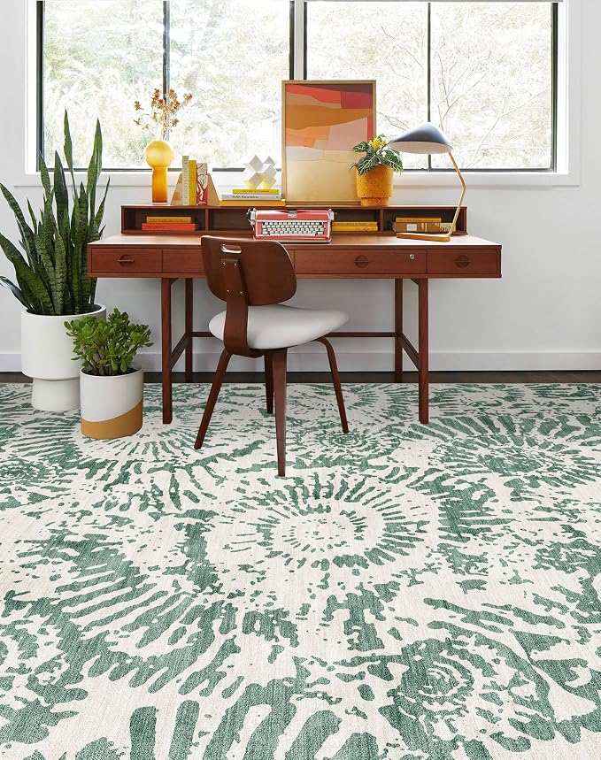 BLISSA Dining Room Rugs for Under Table - 6x9 Fresh Green White Washable Living Room Area Rug Non-Slip Low-Pile Modern Contemporary Abstract Rugs for Bedroom Dining Room Home Nursery Foyer Carpet