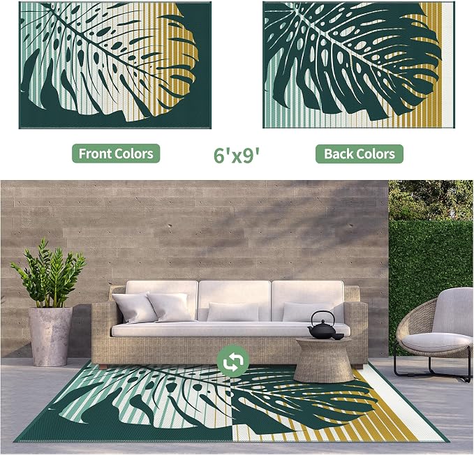 GENIMO Outdoor Rug, Waterproof Plastic Rugs for Patio, 6'x9' Yellow Green | Outside Larger Leaf Carpet Mat for Porch Decor, Deck, Balcony, Camping, RV, Backyard, Picnic, Beach, Reversible, Foldable