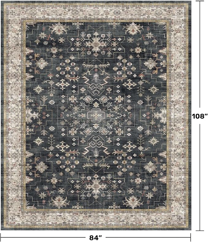 Hazo Haus Boho Dining Room Rugs for Under Table - 7x9 Washable Black Area Rug for Living Room, Low Pile Non-Slip Rugs for Bedroom Under Bed - Charming Farmhouse Decor & Stain Resistance - Black/Multi