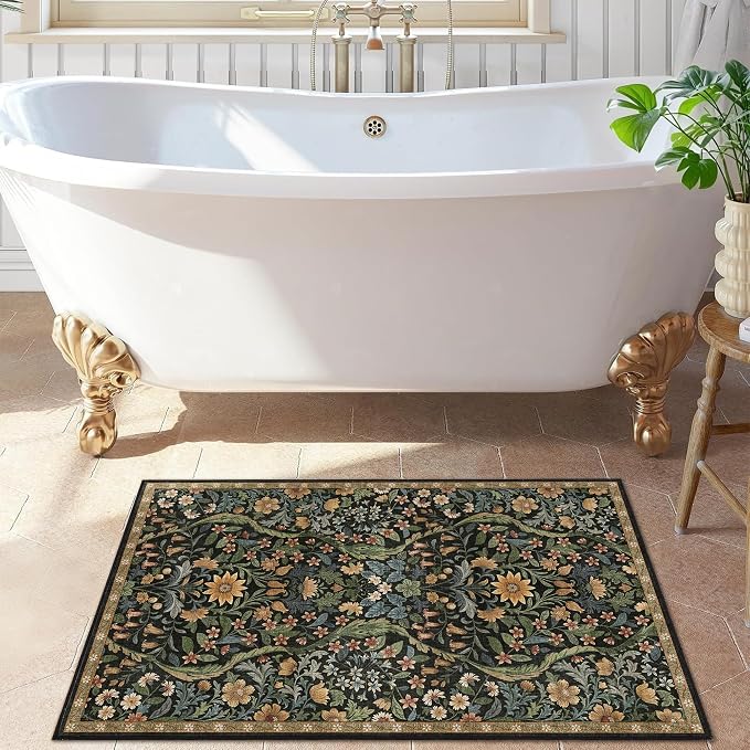 Floral 2x3 Entryway Rug,Washable Front Door Mat Indoor Non Slip Low Pile Small Carpet, Soft Black Brown Boho Botanical Throw Rug for Bathroom Bedroom Kitchen Laundry Indoor Entrance