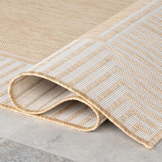 Nuloom Asha Tan/Ivory, 9'6" x 12', Casual, Striped Border, Soft and Cozy, High Traffic, Easy Clean, Durable Area Rug for Indoor/Outdoor Patio, Deck, Porch, Garden, Courtyard