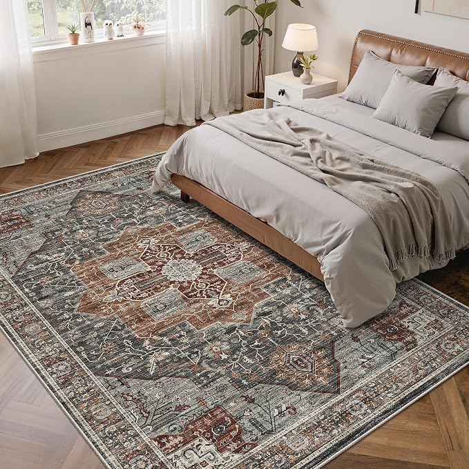 Roxstand 6x9 Washable Area Rug, Non Slip Living Room Rug Grey/Brown/Tan | Low Pile Vintage Rug, Stain Resistant, Non-Shedding Design, Pet & Kid Friendly, Carpet for Bedroom, Dining Room Office