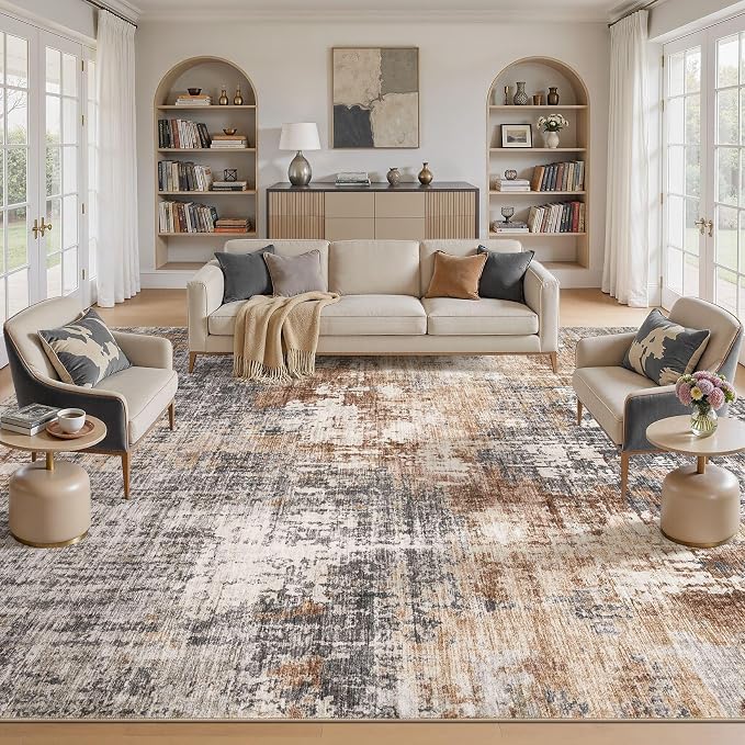 DMOYEST Area Rug Living Room Rugs - 11x14 Extra Large Soft Indoor Neutral Modern Abstract Low Pile Washable Rug Carpet for Bedroom Dining Room Farmhouse Home Office - Grey Brown