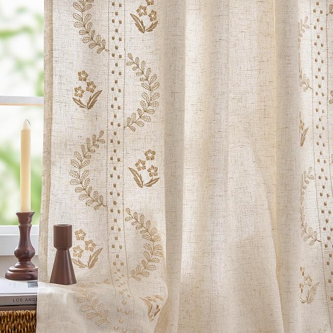 jinchan Floral Lined Linen Curtains 96 Inch Rod Pocket 2 Panels Beige | Embroidered curtains,privacy lining,boho curtains,light filtering,living room,bedroom,flower patterned,window treatment