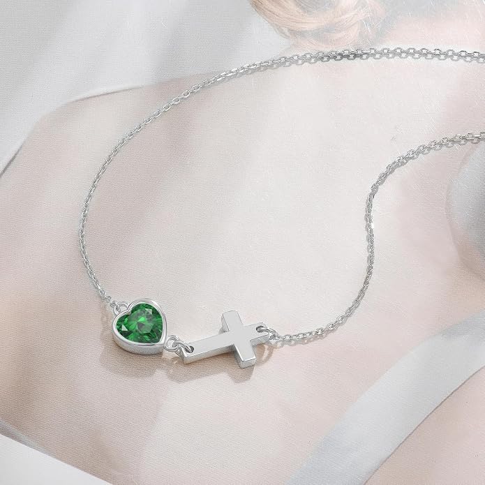 Sideways Cross Necklace with Heart Birthstone 925 Sterling Silver Dainty Tiny Cute Necklace Christian Religious Faith Gifts