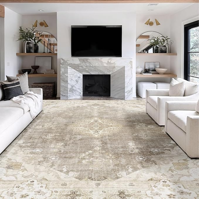 MUJOO 9x12 Area Rug Beige Washable Rug Non Slip Low-Pile Floral Large | Machine Washable Throw Carpet for Living Room Bedroom Dining Room Boho Soft Big Floor Indoor Vintage Bohemian Flowers