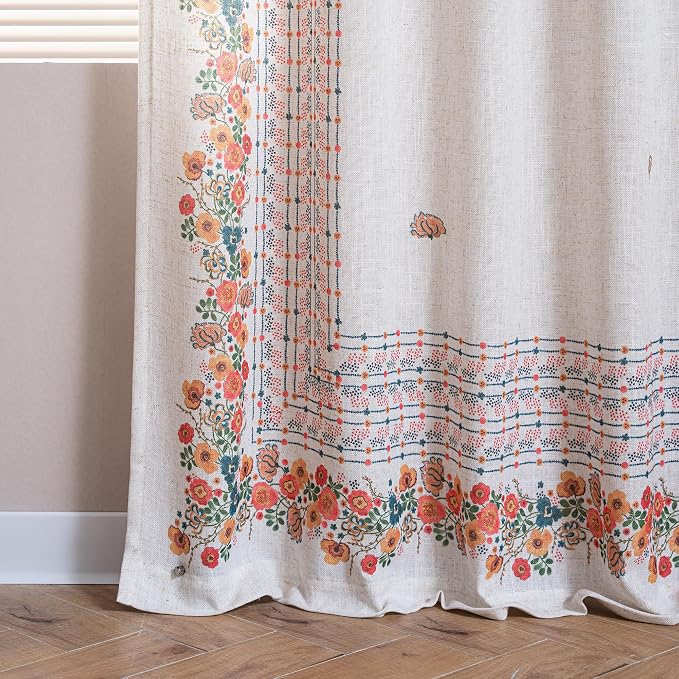 MYSKY HOME Boho Curtains for Bedroom 63 Inch Long Linen Look Semi Sheer Back Tab Drapes Flower Bohemian Style Texture Window Treatment for Living Room Decoration, 2 Pcs, Yellow, 50" Wide