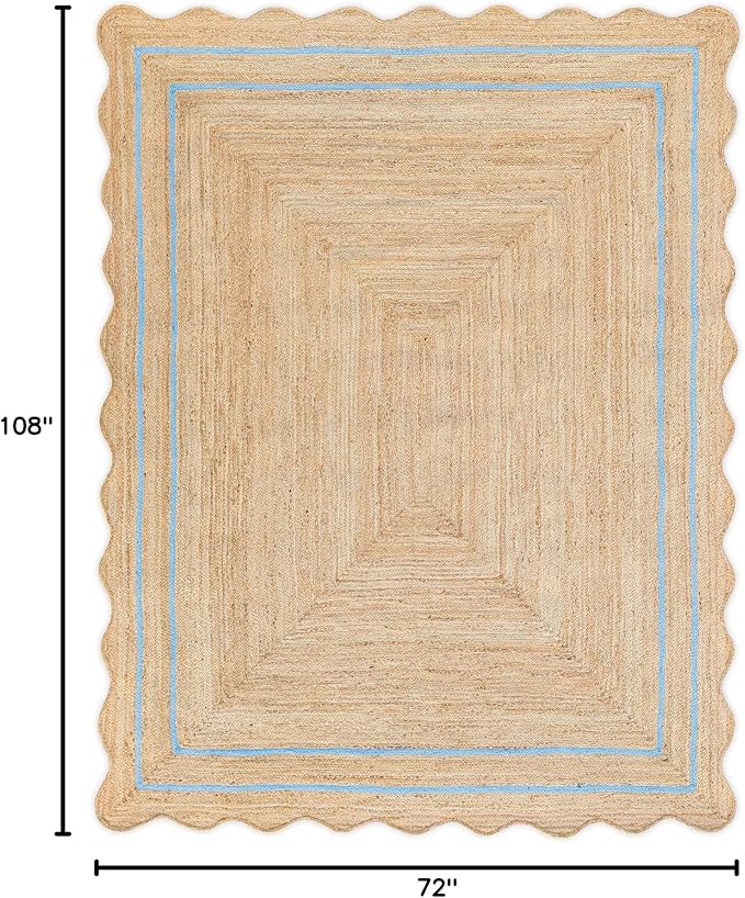 Jute Wave Scalloped Boho Jute Rug, Sky Blue (6'x9'), Runner, Geometric Pattern, Beige, Rectangular, Indoor, Hallway