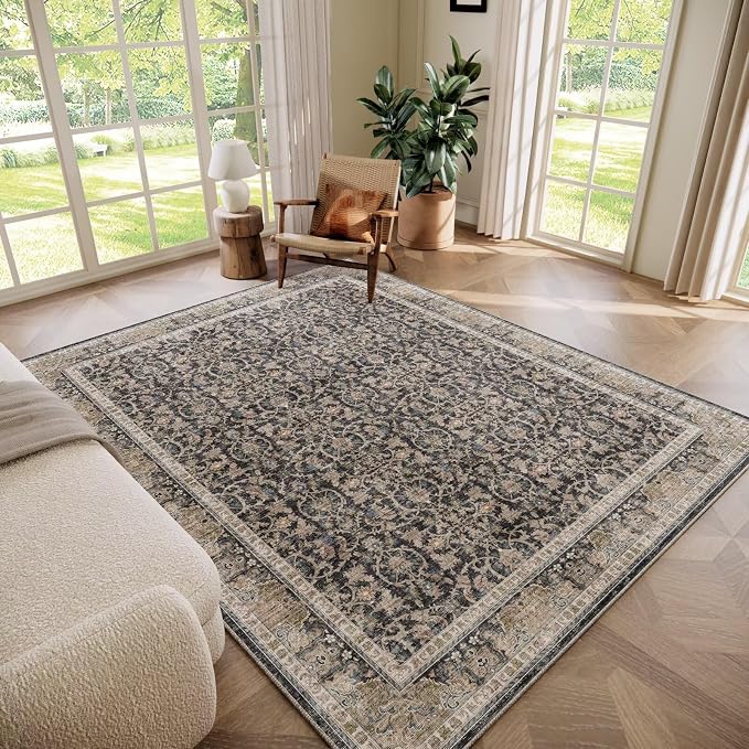 Boho Washable 6x9 Area Rugs for Living Room, Cushioned, Black/Navy Blue | Vintage Non-slip Neutral Oriental Rugs for Bedroom Dining Room Nursery Office High Traffic Area