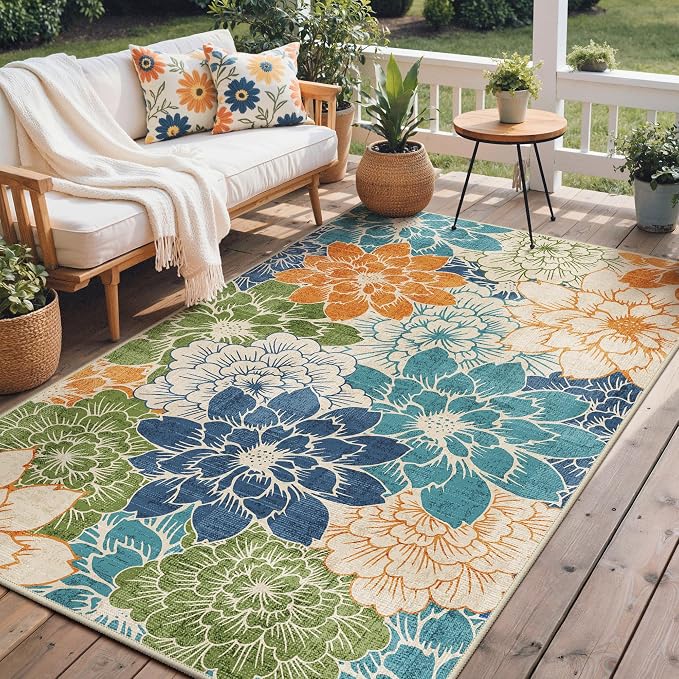 GENIMO 9x12 Outdoor Rug, Washable for Patio and Deck, Teal Blue | Floral design for gazebo; lightweight chenille with quick-dry non-slip backing for indoor dining area