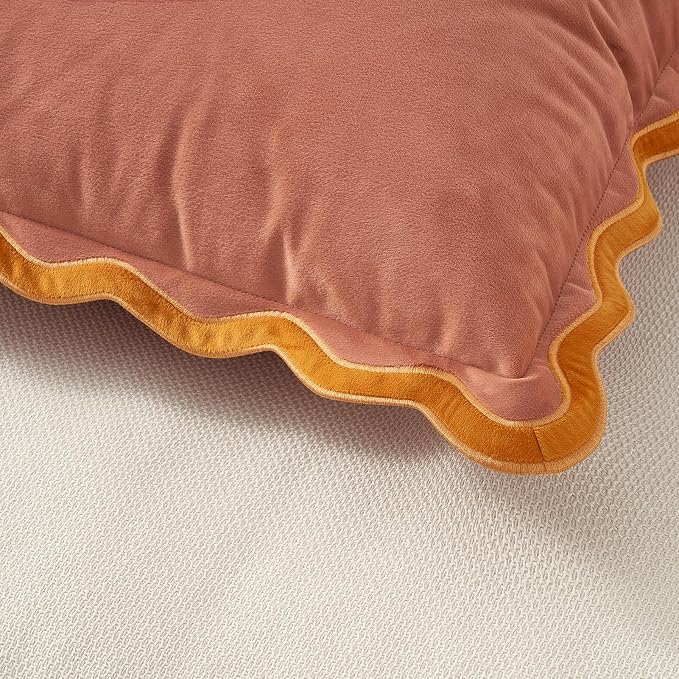 MONDAY MOOSE Decorative Throw Pillow Covers Cushion Cases, Set of 2 Soft Velvet Scalloped Wavy Edge Designs, Mix and Match for Home Decor, Pillow Inserts Not Included (22x22 inch, Pink/Honey)