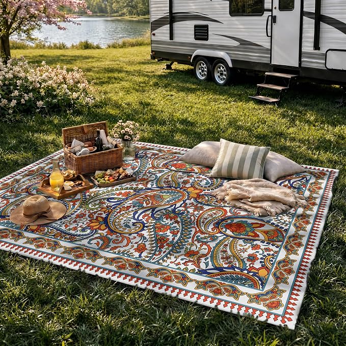 Arenarug Paisley Outdoor Rug Waterproof 5x8, UV Resistant Non Slip Patio Rug, Indoor Outdoor Boho Camping Rug Linen-Look RV Carpet for Deck Balcony Backyard, White Multi