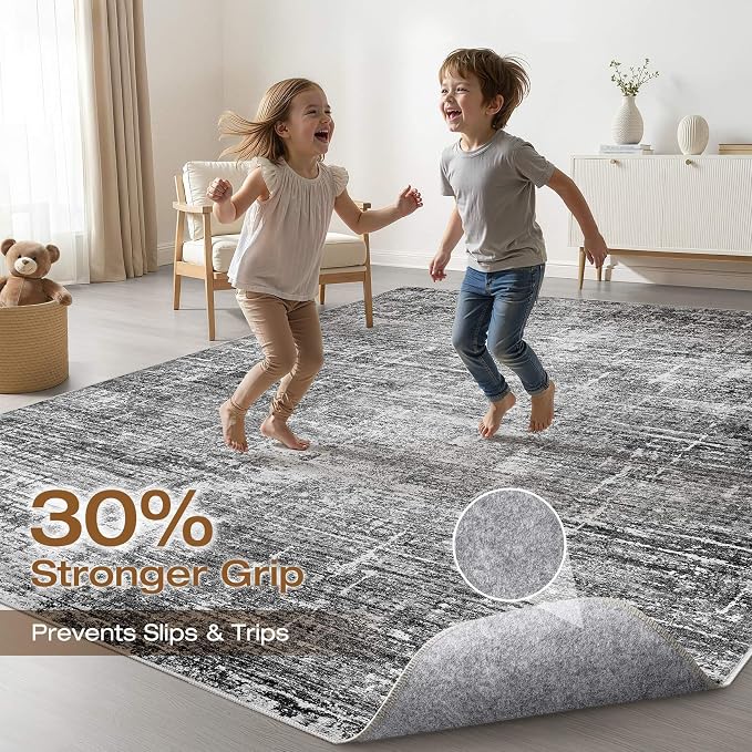 8x10 Area Rug Living Room: Washable Large Neutral Black Rug Abstract Soft Modern Stain Resistant Indoor Floor Non-Slip Carpet for Bedroom Nursery Kids Office Playroom Dining Room Under Table Home