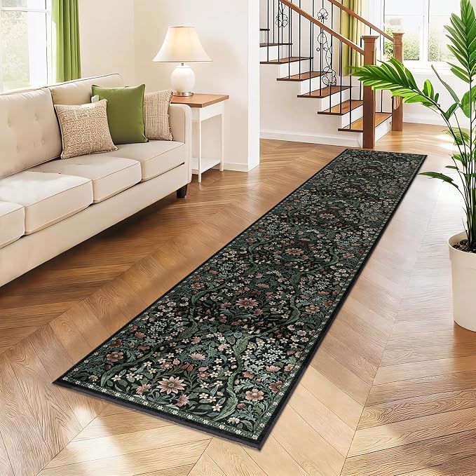 2x10 Washable Runner Rug,Black Floral Boho Area Rug for Hallway,Low-Pile Non-Slip Stain Resistant Carpet for Kitchen, Bedside,Laundry Room,Entryway