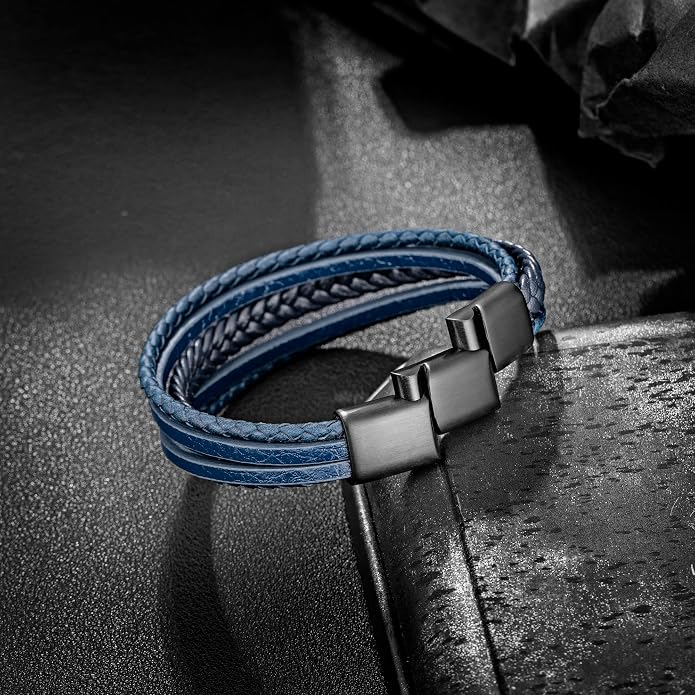 murtoo Mens Leather Bracelet with Clasp Cowhide Multi-Layer Braided Leather Mens Bracelet