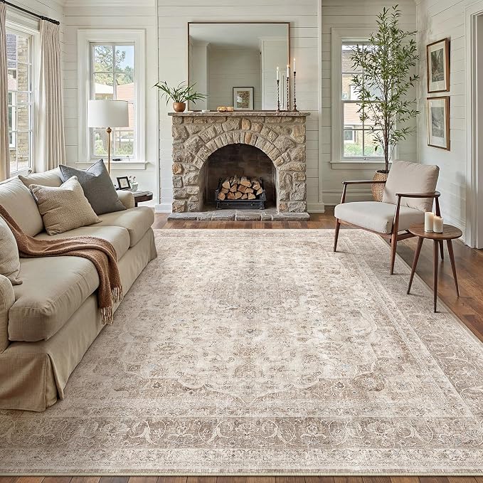 PureCozy 7x9 Area Rug Washable Beige Vintage Traditional Oriental | Non Slip, Soft Low Pile, Indoor Carpet for Living Room, Bedroom, Dining Room, Distressed Retro Decor