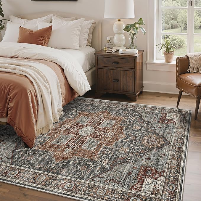 Roxstand 4x6 Washable Area Rugs, Vintage Non Slip Rug Grey/Brown/Tan | Low Pile Vintage Stain Resistant Rug, Non-Shedding Design, Pet & Kid Friendly, Carpet for Living Room, Bedroom, Dining Room