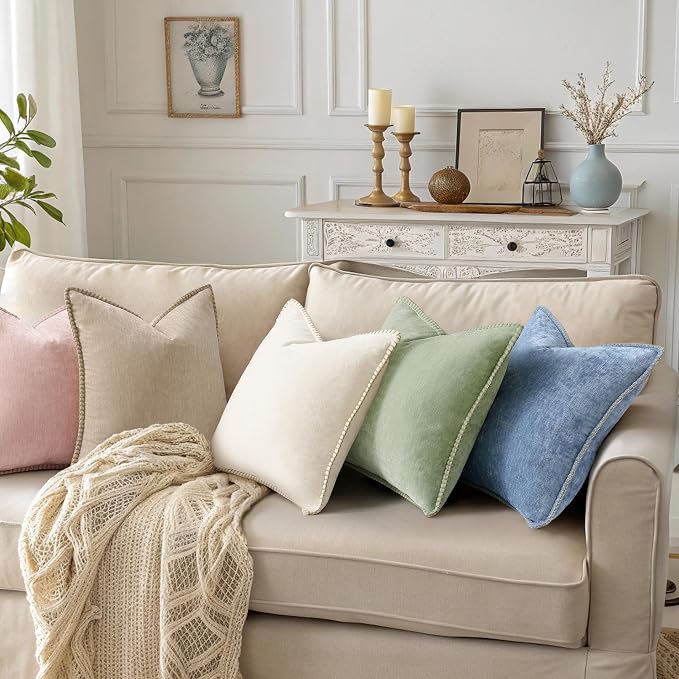 decorUhome Soft Chenille Throw Pillow Covers 20x20 Set of 2 Beige | Fall Textured Decorative Throw Pillow Cases Stitched Edge Modern Farmhouse Luxury Boho Velvet for Couch Sofa Bed Home Decor