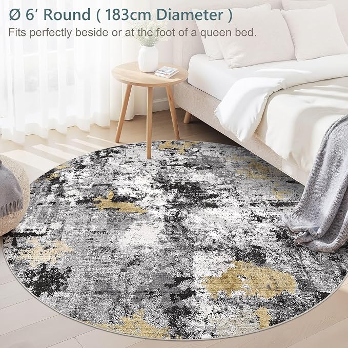 Abstract 6FT Round Rug: Machine Washable Non Slip Ultra Thin Low-Pile Carpet, Soft Stain Resistant for Living Room Bedroom Nursery, Kid Pet Friendly, Robot Vacuum Compatible - Black Gold