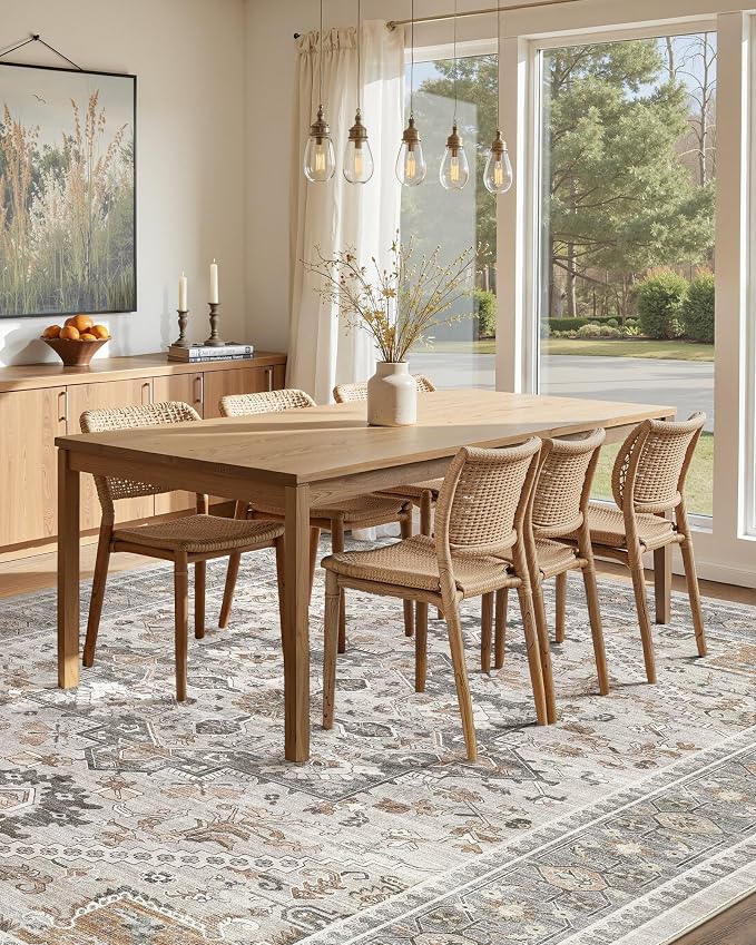 5x8 Vintage Area Rug: Washable Neutral Soft Non Slip Thin Large Floor Carpet for Living Room Bedroom Kitchen Dining Room Home Office Farmhouse Indoor - Taupe
