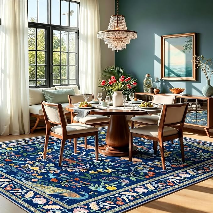 5x7 Blue Rugs for Living Room, Stain Resistant Non Slip Area Rug for Dining Room, Bedroom Floral Décor Indoor Carpet, Low Pile & Soft