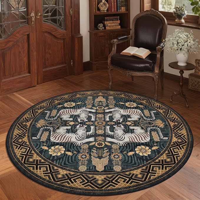 GarveeHome Tiger Round Area Rugs, 4ft Boho Blue Animal Print Bedroom Circle Rugs Non Slip, Washable Vintage Tribal Floor Carpet for Dining Room Entryway Nursery Playroom Office