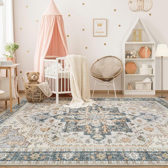 Tortania Area Rug Living Room Rugs - 6x9 Washable Boho Rug Vintage Oriental Distressed Farmhouse Large Thin Indoor Carpet for Living Room Bedroom Under Dining Table Home Office - TealTaupe