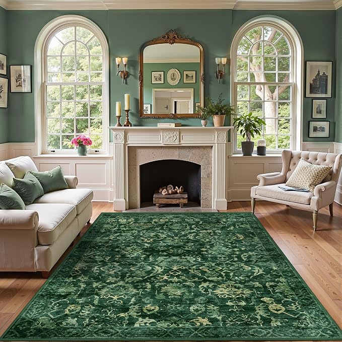 Dark Green Area Rugs 7x9 for Bedroom Nursery, Machine Washable Vintage Rugs, Distressed Living Room Rug, Non Slip Rugs for Living Room Rug Carpet Green for Dining
