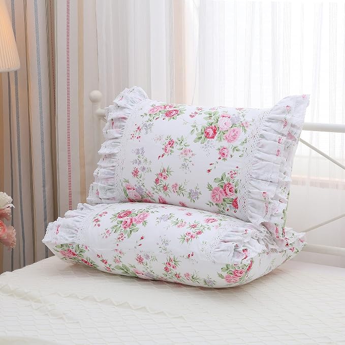2-Pack Rose Floral Print Pillow Shams with Lace Ruffles Shabby Chic King Size Pillowcases 20" x 36 "Country Vintage Style