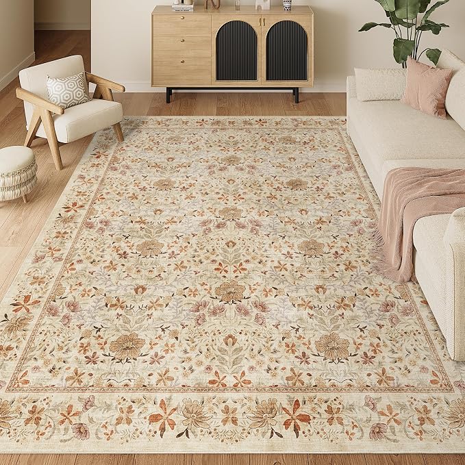 DUKINO 8x10 Area Rugs, Vintage Floral Washable Rug for Living Room, Beige | Non Slip, Low Pile, Non-Shedding, Stain Resistant, Aesthetic Soft Indoor Large Carpet for Bedroom, Dining Room, Farmhouse