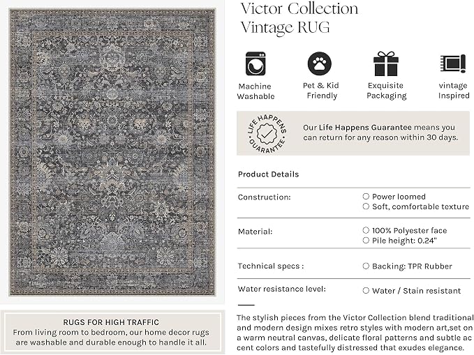 HUGEAR Area Rugs 5x7 Blue Washable Rug for Living Room Bedroom Neutral Vintage Rug Carpet Distressed Soft Durable Non Slip No Shedding for Indoor Dining Nursery Farmhouse