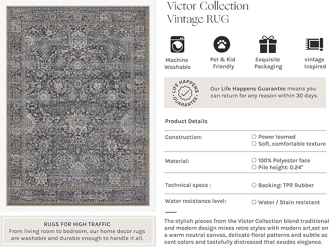 HUGEAR Area Rugs 8x10 Blue Washable Rug for Living Room Bedroom Large Neutral Vintage Rug Carpet Distressed Soft Durable Non Slip No Shedding for Indoor Dining Nursery Farmhouse