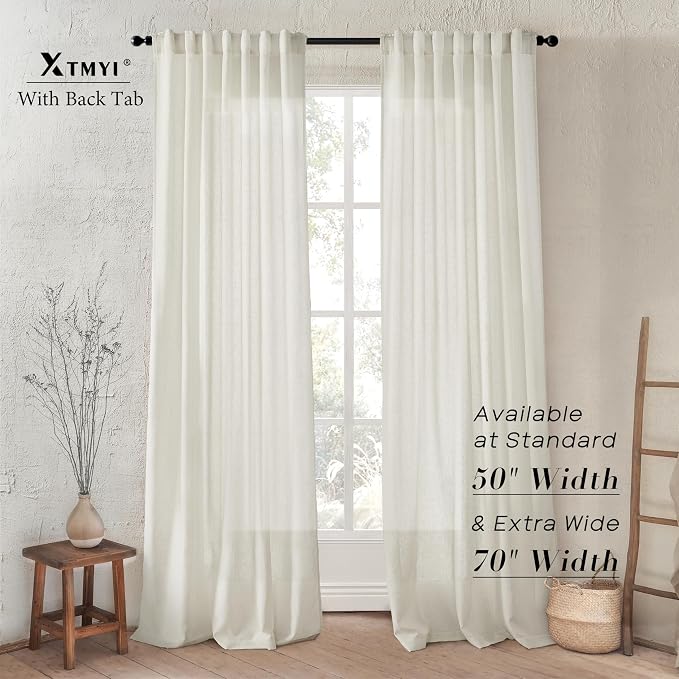 XTMYI 94 Inch Linen Curtains, Lightweight Semi Sheer Light Filtering Drapes, Floor to Ceiling Window Drapery for Living Room Bedroom 2 Panel Set, Cream, 50" W x 94" L