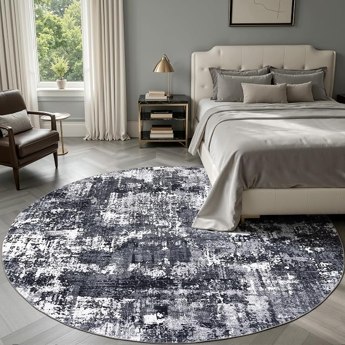 Sasttie 6ft Soft Round Area Rug, Modern Abstract Washable Circle Carpet for Living Room, Bedroom, Dining Room Table, with Non-Slip Backing, Black and White