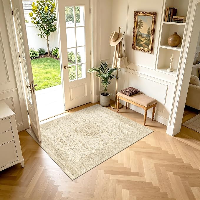 Neutral 3x5 Washable Rug, Beige Vintage Boho Carpet for Bedroom | for Living Room, Low Pile Small Indoor Area Rug with Non-Slip Silicone Backing, Non-Shedding