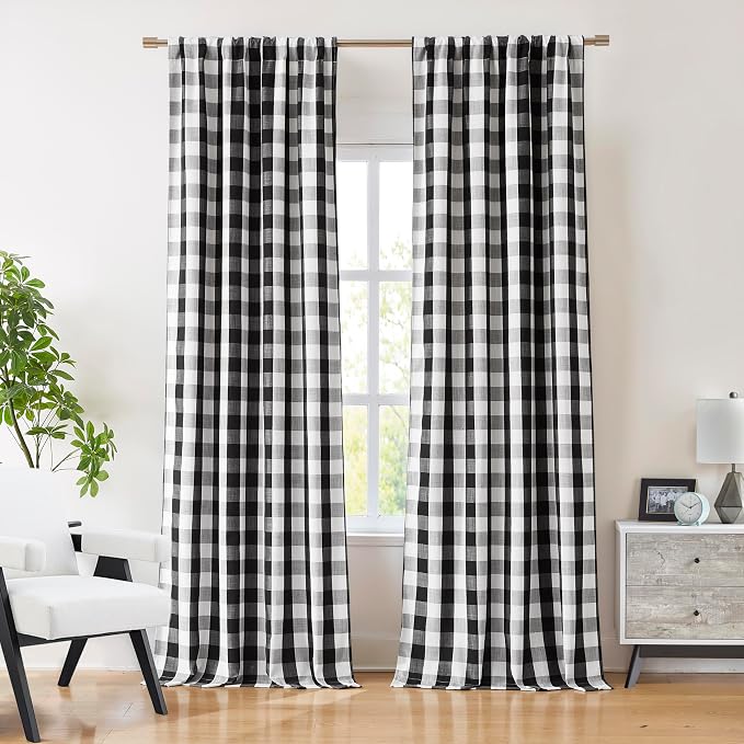 Black White Buffalo Plaid Blackout Curtain Panels for Bedroom | 90 Inches Length Farmhouse Gingham Drapes,Thermal Insulated Living Room Window Treatment,Rod Pocket Back Tabs,40"Wx90"Lx2