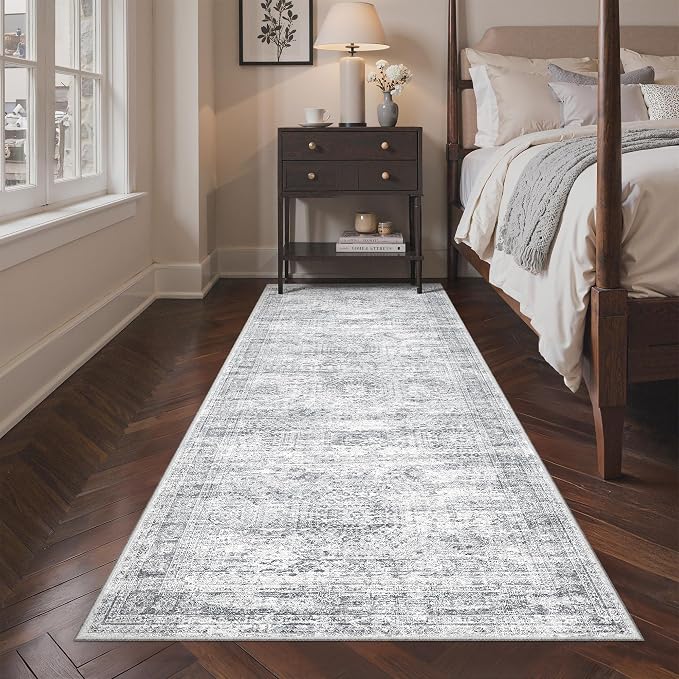 3x8 Runner Rug Non Slip,Washable Hallway Runner Rug,Grey | Neutral Rugs for Kitchen,Entryway,Bedroom,Bathroom,Nursery Room,Thin,Soft Runner Rug,Stain Resistant Indoor Carpet