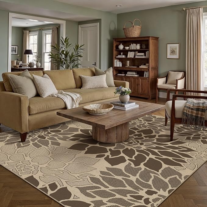 PureCozy 5x7 Easy Jute Outdoor Rug Brown Floral Textured Indoor Outdoor Area Rug Farmhouse Patio Carpet for Backyard, Patio, Porch, Easy-Cleaning, High Traffic, Pet-Friendly, Non-Shedding