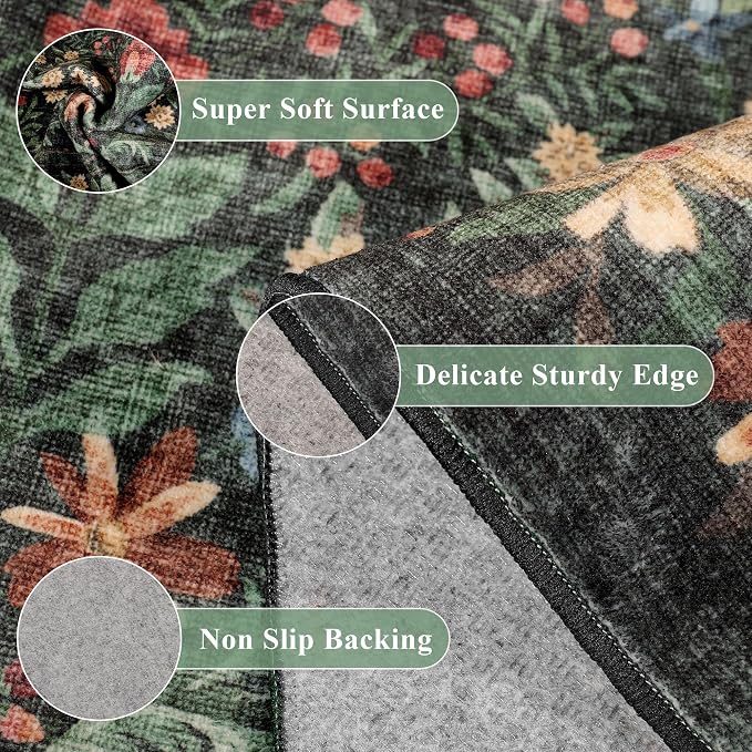 DUKINO 3x5 Rug, Washable Vintage Floral Bedroom Area Rug Non Slip, Green | Low Pile, Non-Shedding, Aesthetic Lightweight Soft Indoor Small Carpet for Bathroom Entryway Living Room Office Farmhouse
