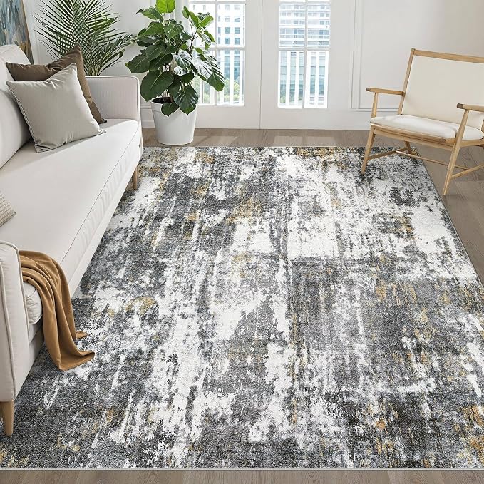 5x7 Area Rugs Living Room: Washable Large Neutral Rug Abstract Soft Modern Stain Resistant Indoor Floor Non-Slip Carpet for Bedroom Nursery Kids Office Playroom Dining Room- Black White Gold