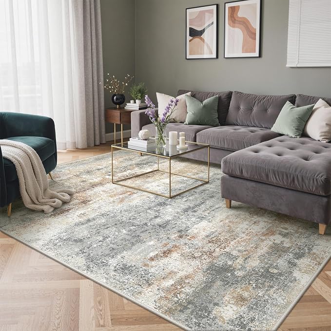 GENIMO Abstract Area Rug 8x10, Washable Large Modern Rug Non Slip, Low Pile Lightweight Soft Carpet for Living Room, Bedroom, Dining Room, Silver Tan