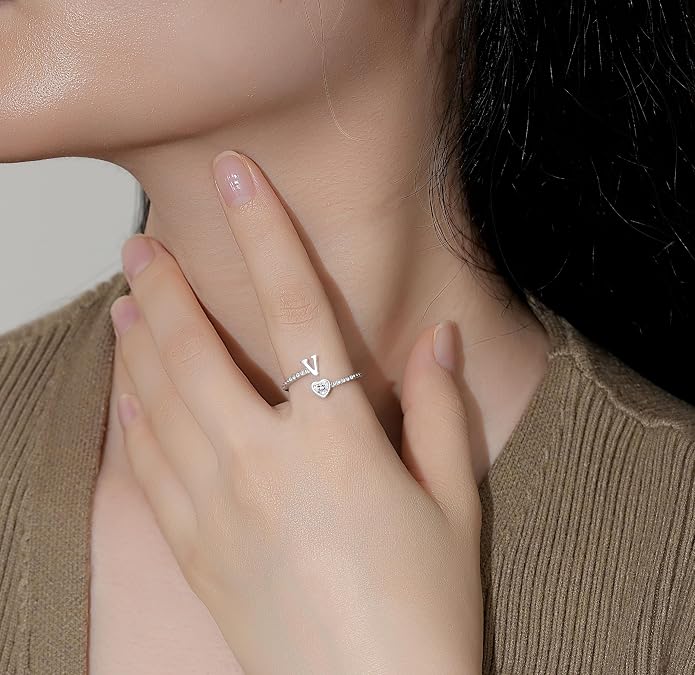 Step Forward 925 Sterling Silver Adjustable Initial Ring for Women | Non Tarnish Letter Rings for Lady | Alphabet Heart Thumb Rings | Capital Letter Jewelry Gifts